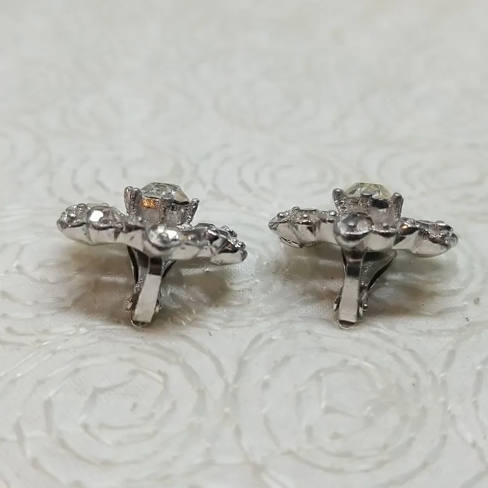 Bogoff Clip Earrings Rhinestone Flowers Petals Vintage
